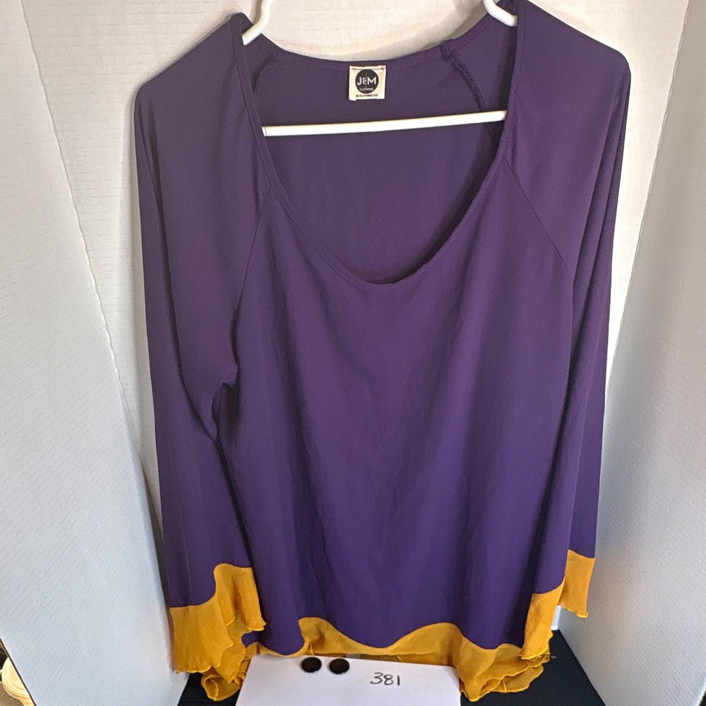 J&M Clothing Womens Purple/Yellow Scoop Neck Long Sleeve Ruffle Blouse XL